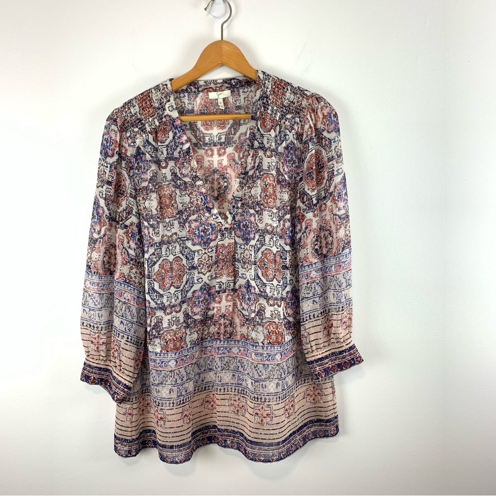 JOIE Printed Silk 3/4 Sleeve Aceline V Neck Tunic Blouse Morocco Size Medium - Picture 2 of 12